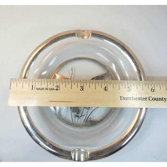 Vtg Sterling Silver Overlay On Crystal Ducks In Flight Ashtray Fine Detail - Picture 5 of 5